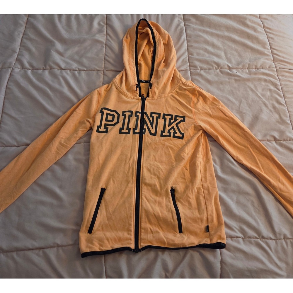 PINK Victoria's Secret Orange Full Zip Hoodie Logo Sweatshirt Small